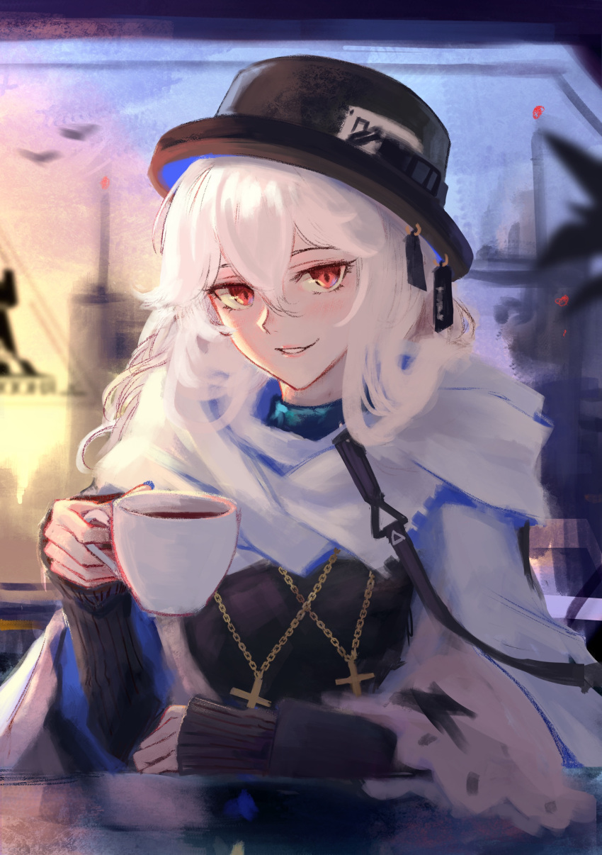 1girl, absurdres, arknights, black_headwear, black_sweater, blurry, blurry_background, coat