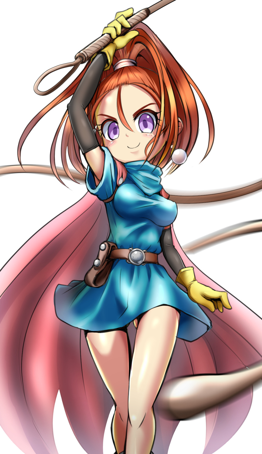 1girl, arm_warmers, ass_visible_through_thighs, barbara_(dq6), blue_dress, brown_hair, cape, dragon_quest