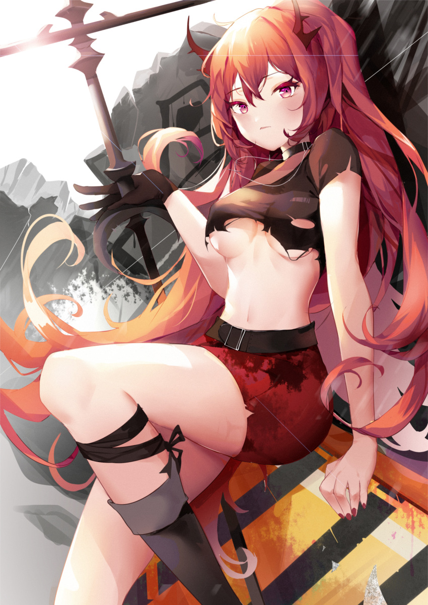 1girl, absurdres, arknights, bangs, bare_arms, black_choker, black_footwear, black_shirt