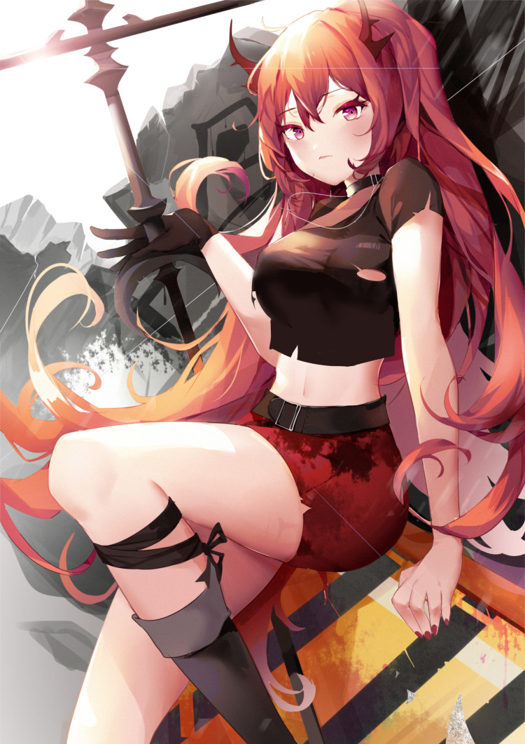 1girl, arknights, bangs, bare_arms, black_choker, black_footwear, black_shirt, boots