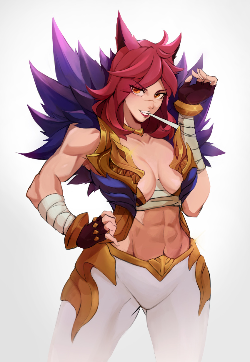 1girl, abs, absurdres, animal_ears, bandaged_arm, bandages, bracer, breasts