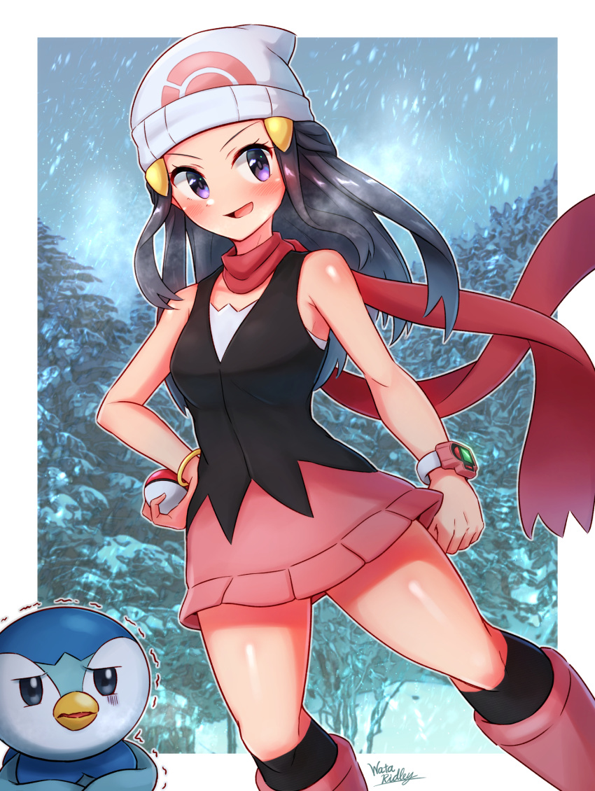 1girl, black_legwear, blue_eyes, blue_hair, boots, hikari_(pokemon), gen_4_pokemon, hair_ornament
