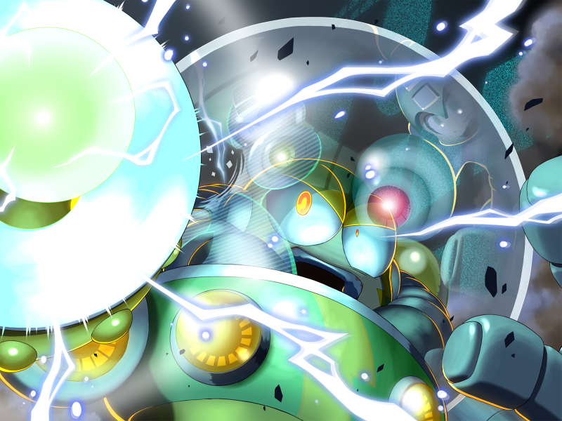 2boys, android, arm_cannon, armor, attack, commentary_request, debris, dutch_angle, dynamo_man, electricity, energy_ball, english_commentary, fishbowl_helmet, male_focus, mega_man_&amp;_bass, mega_man_(character), mega_man_(classic), mega_man_(series), mixed-language_commentary, multiple_boys, napo, open_mouth, orange_eyes, reflection, smoke, solo_focus, upper_body, upper_teeth, weapon