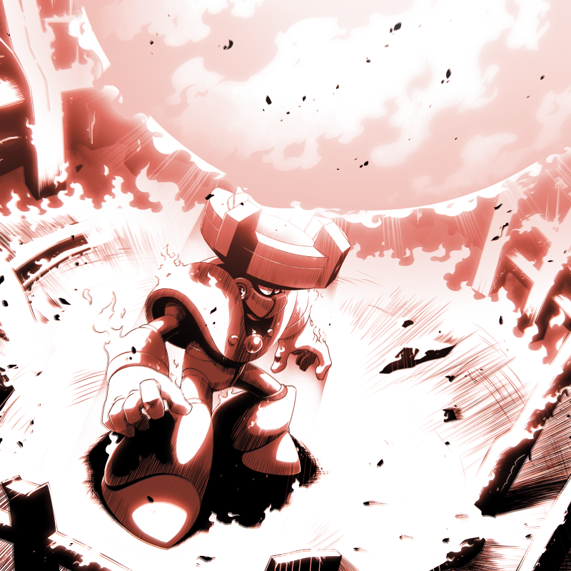 1boy, android, armor, arms_at_sides, burning, commentary, debris, english_commentary