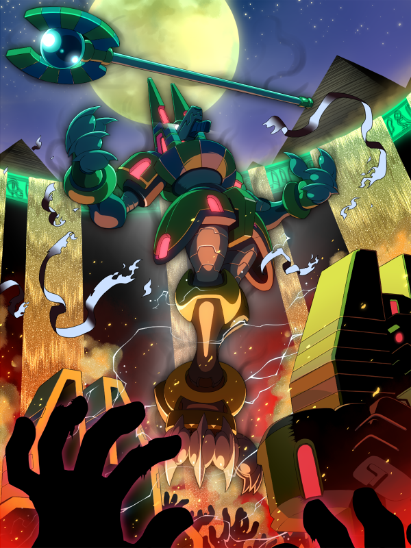 android, anubis_necromancess_(mega_man), bandages, claws, commentary_request, electricity, floating, floating_object, floating_weapon, full_moon, glowing, glowing_eyes, hands_up, mega_man_(series), mega_man_zero, moon, napo, night, night_sky, no_humans, outdoors, pyramid, sarcophagus, sky, smoke, staff, star_(sky), starry_sky, weapon