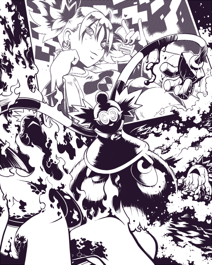 1boy, 1girl, :d, bangs, battle_chip, burning, clenched_hand, colorman.exe