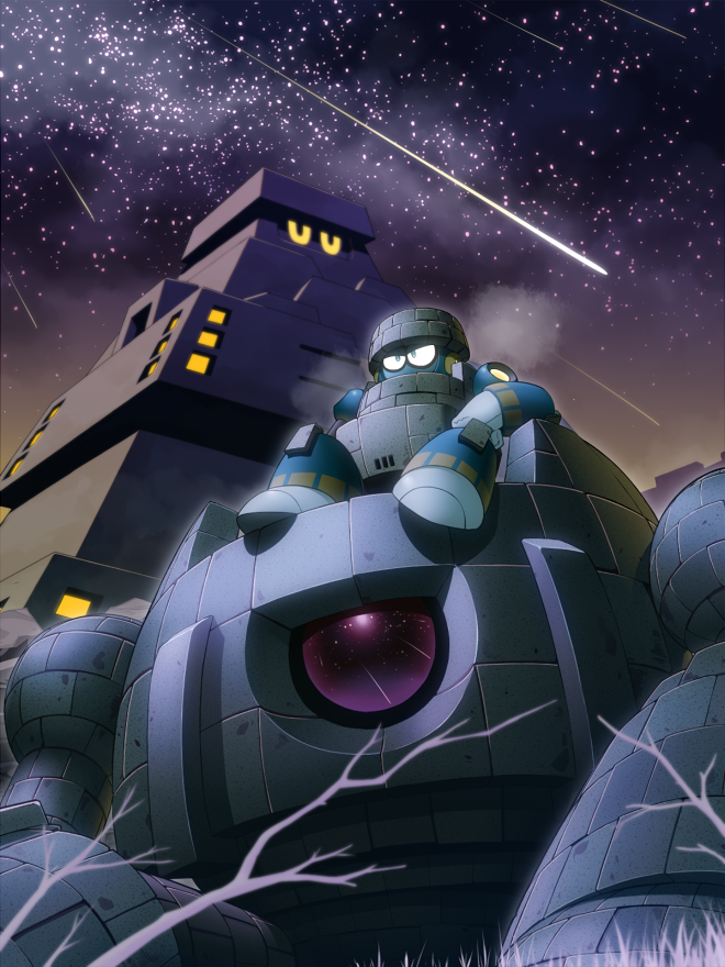 1boy, android, block_man, blue_eyes, branch, breath, commentary_request, gloves
