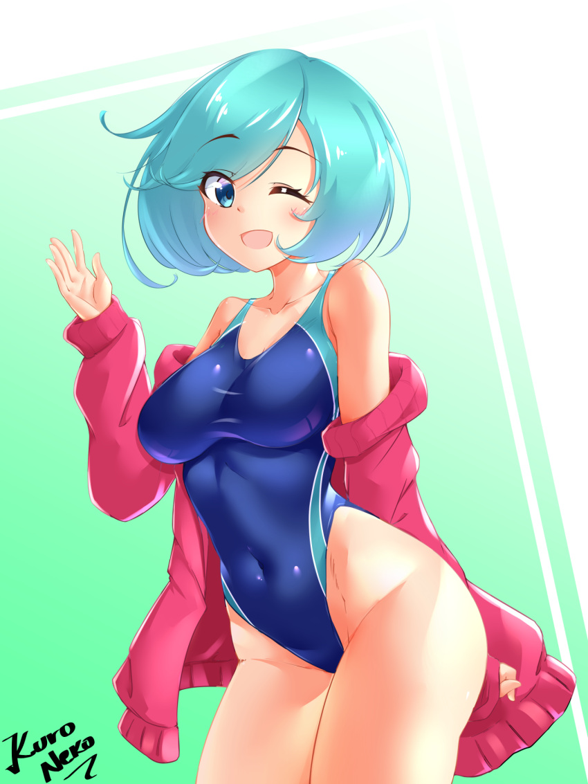1girl, aqua_hair, artist_name, blue_eyes, blue_swimsuit, breasts, collarbone, commentary