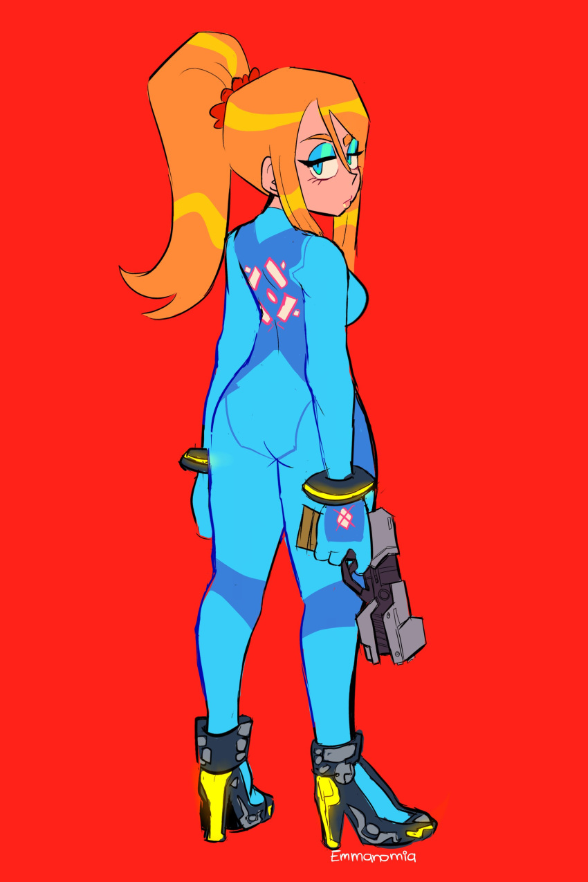 1girl, absurdres, aqua_bodysuit, aqua_eyes, aqua_eyeshadow, artist_name, ass, blonde_hair