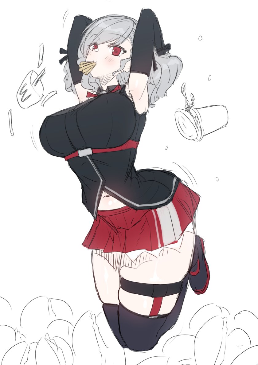 1girl, armpits, arms_behind_head, bangs, bare_shoulders, blush, breasts, burger