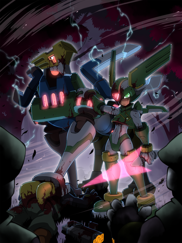5boys, android, aztec_falcon_(mega_man), blood, blood_on_face, bloody_clothes, bodysuit, closed_mouth, commentary_request, corpse, electricity, energy_sword, full_body, glowing, glowing_eyes, green_eyes, green_headwear, harpuia_(mega_man), hat, helmet, holding, holding_sword, holding_weapon, looking_at_viewer, lying, male_focus, mega_man_(series), mega_man_zero, multiple_boys, napo, on_stomach, outdoors, serious, soldier, standing, sword, talons, weapon, white_bodysuit, wind