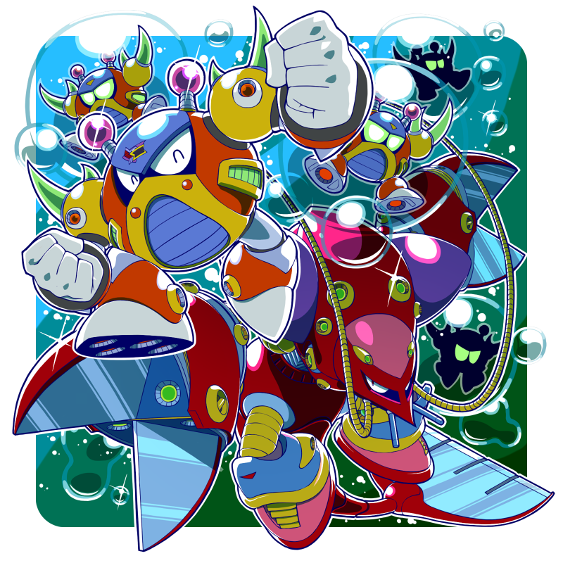 2boys, ^_^, air_bubble, android, border, bubble, bubble_crab_(mega_man), clenched_hands, closed_eyes, commentary_request, crush_crawfish_(mega_man), gloves, in_bubble, looking_at_viewer, male_focus, mega_man_(series), mega_man_x2, mega_man_x3, mega_man_x_(series), multiple_boys, napo, pincers, robot, spikes, underwater, white_border, white_gloves