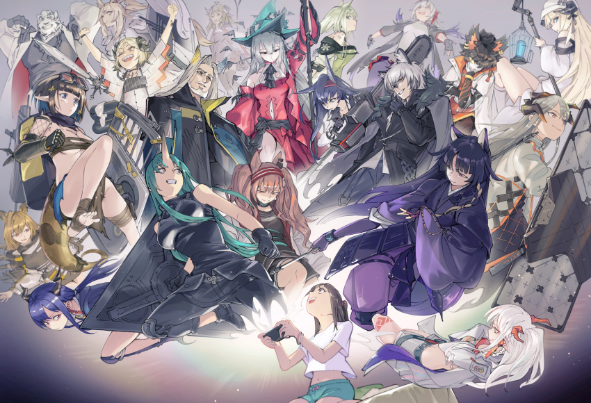 4boys, 6+girls, ;d, aak_(arknights), angelina_(arknights), animal_ears, arknights, arm_up