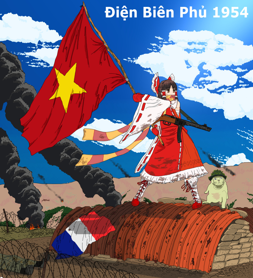 1954, 1girl, absurdres, bangs, barbed_wire, battle_of_dien_bien_phu, benikurage_(cookie), black_legwear