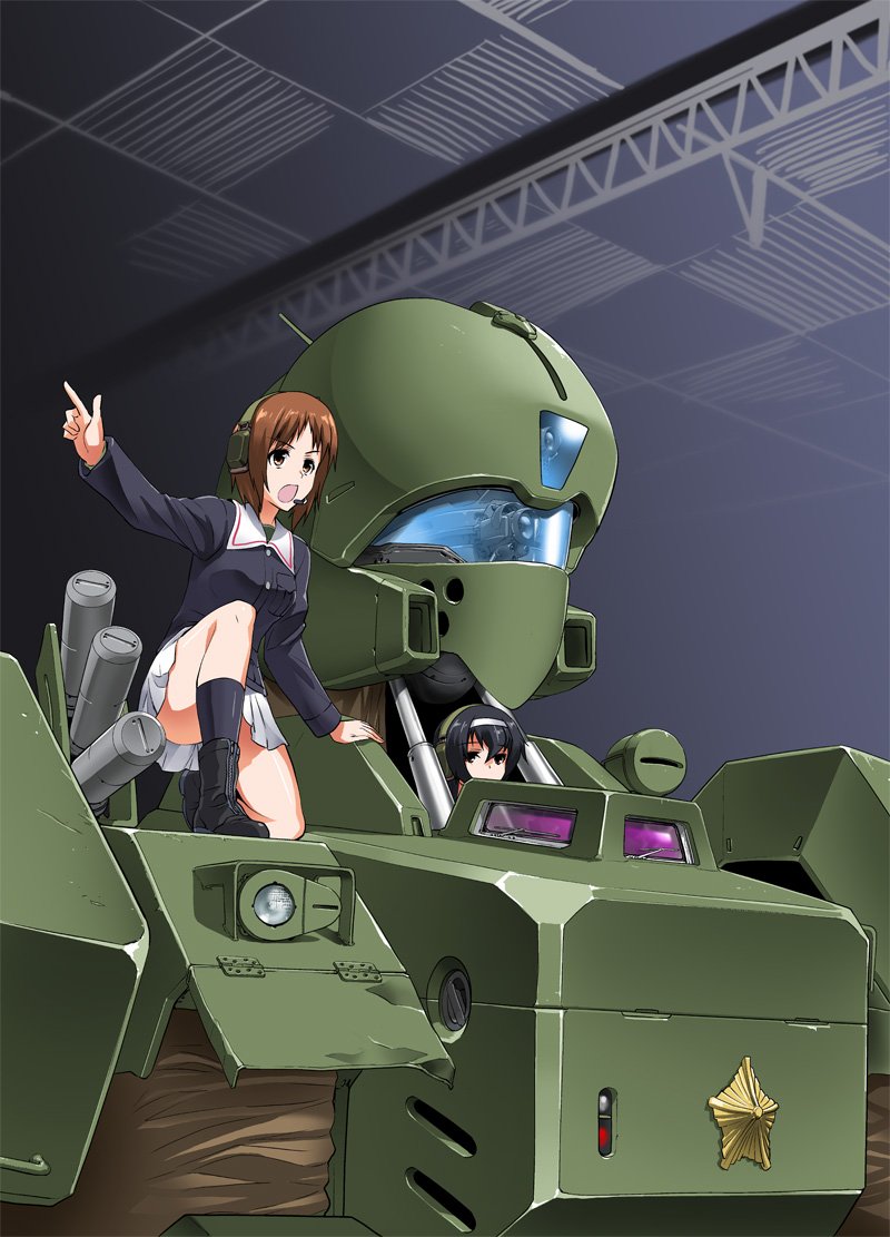 2girls, bangs, black_eyes, black_footwear, black_hair, black_legwear, blue_jacket, boots, brown_eyes, brown_hair, commentary_request, convenient_censoring, crossover, donburimeshi, emblem, girls_und_panzer, hairband, headset, indoors, jacket, japanese_national_police_agency_(emblem), kidou_keisatsu_patlabor, long_hair, long_sleeves, looking_at_viewer, mecha, military, military_uniform, miniskirt, multiple_girls, nishizumi_miho, one_knee, ooarai_military_uniform, open_mouth, pleated_skirt, pointing, reizei_mako, short_hair, skirt, socks, textless, uniform, white_hairband, white_skirt