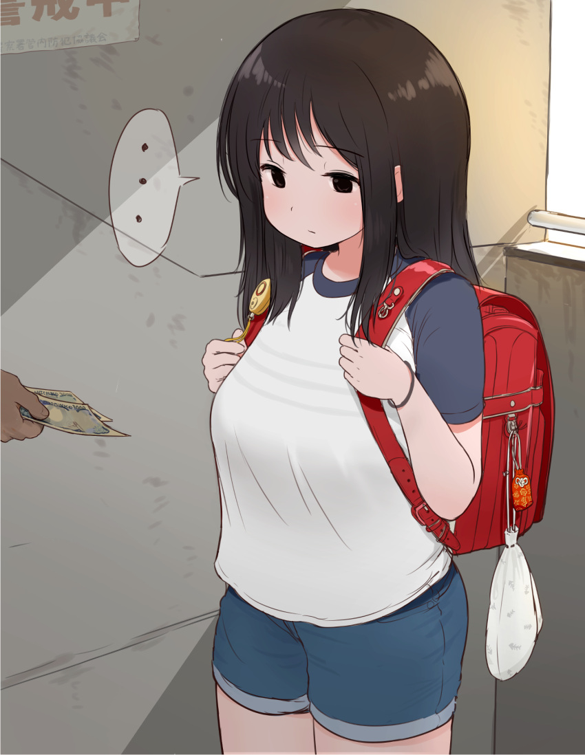 ..., 1girl, animal_print, backpack, bag, bangs, black_hair, blue_shorts, blush, breasts, brown_eyes, closed_mouth, commentary_request, cowboy_shot, crime_prevention_buzzer, expressionless, eyebrows_visible_through_hair, fish_print, highres, implied_prostitution, large_breasts, long_hair, money, oppai_loli, original, pai_kebon_baa, raglan_sleeves, randoseru, shirt, shorts, spoken_ellipsis, white_shirt