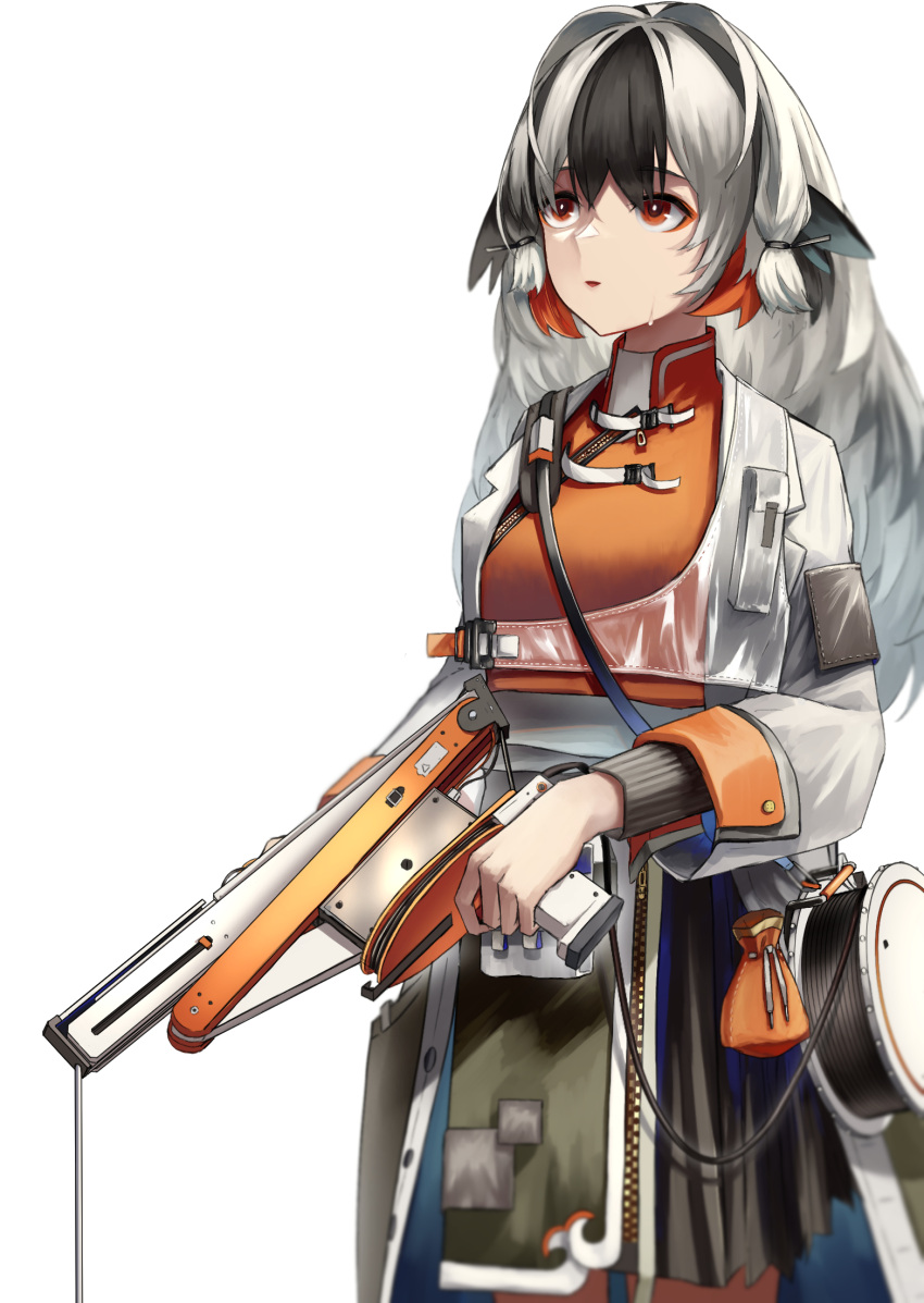 1girl, animal_ears, arknights, bangs, black_hair, black_skirt, cable, commentary_request, eyebrows_behind_hair, grey_hair, highres, holding, jacket, long_hair, long_sleeves, looking_up, mosu918, multicolored_hair, open_mouth, orange_eyes, orange_shirt, pouch, shirt, simple_background, skirt, snowsant_(arknights), solo, sweatdrop, two-tone_hair, white_background, white_jacket