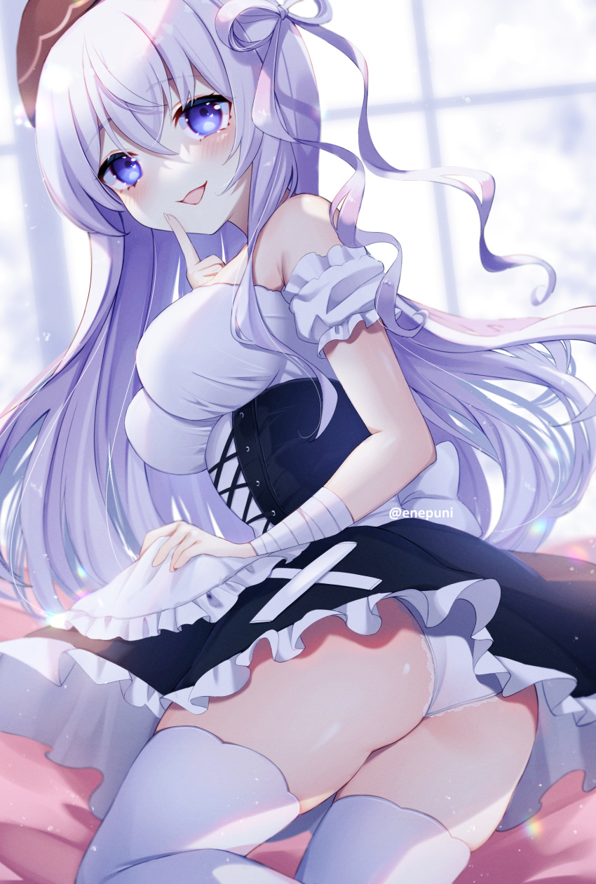 1girl, absurdres, alternate_costume, ass, bangs, bare_shoulders, blush, bow, breasts, dress, eneru_(enepuni), enmaided, eyebrows_visible_through_hair, frilled_dress, frills, hair_bow, highres, index_finger_raised, indie_virtual_youtuber, large_breasts, looking_at_viewer, maid, naito_mare_(vtuber), open_mouth, over-kneehighs, panties, pantyshot, smile, thigh-highs, thighs, underwear, upskirt, violet_eyes, virtual_youtuber, white_hair
