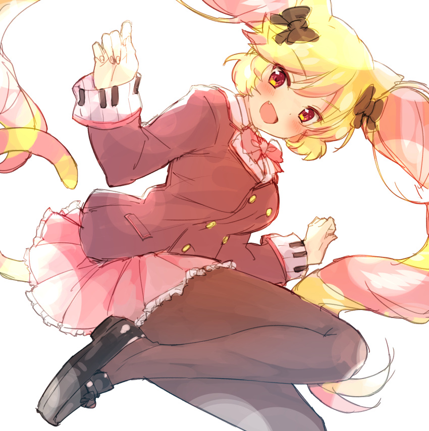 1girl, :d, animal_ears, bangs, black_bow, black_footwear, blazer, blonde_hair