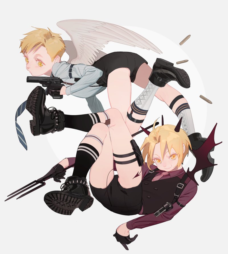 2boys, alphonse_elric, angel_wings, ankle_boots, argyle, argyle_legwear, armband, arms_at_sides