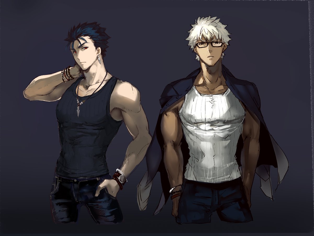 2boys, alternate_costume, alternate_hairstyle, angry, archer_(fate), bespectacled, biceps, black_tank_top