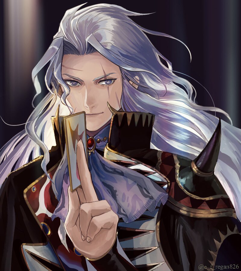 armor, brooch, card, closed_mouth, final_fantasy, final_fantasy_vi, grey_eyes, high_collar