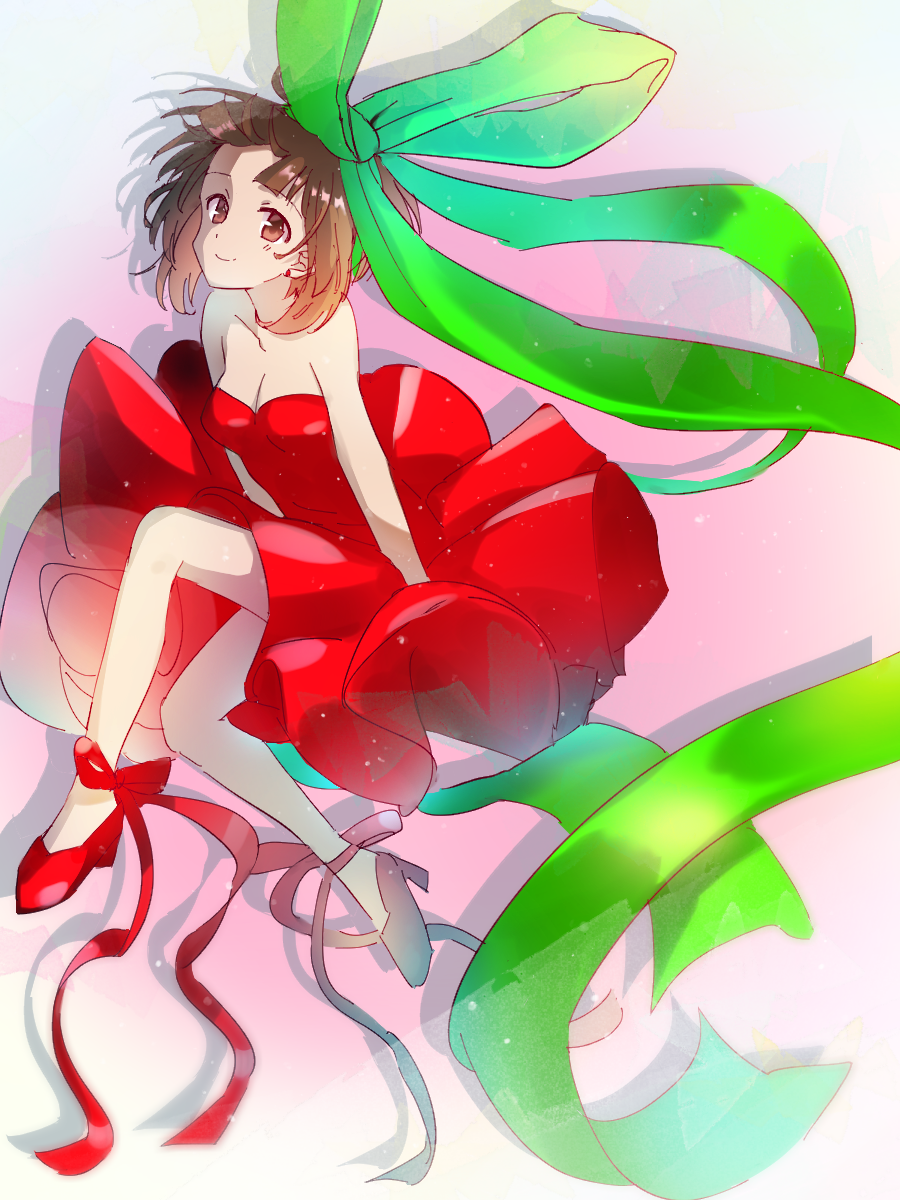 1girl, bangs, bare_shoulders, breasts, brown_eyes, brown_hair, closed_mouth, dress