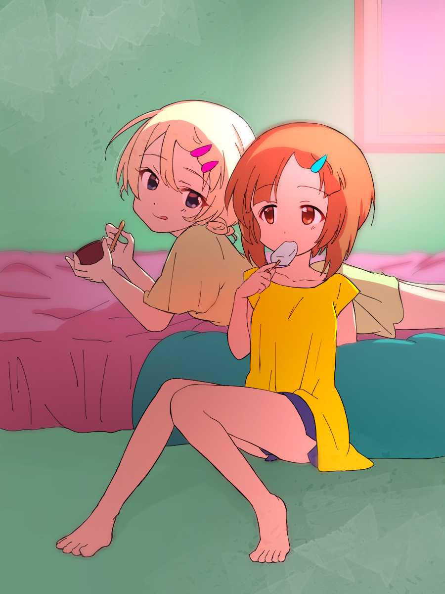 2girls, :q, bangs, barefoot, bed, bedroom, blonde_hair, blue_eyes