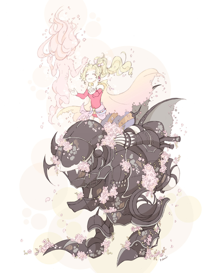 ^_^, cape, closed_eyes, detached_sleeves, dress, earrings, esper, final_fantasy, final_fantasy_vi, floating, floating_hair, flower, green_hair, highres, hoop_earrings, jewelry, long_hair, magitek_armor, namit, outstretched_arms, pink_flower, ponytail, red_dress, strapless, strapless_dress, tina_branford, trance_tina_branford