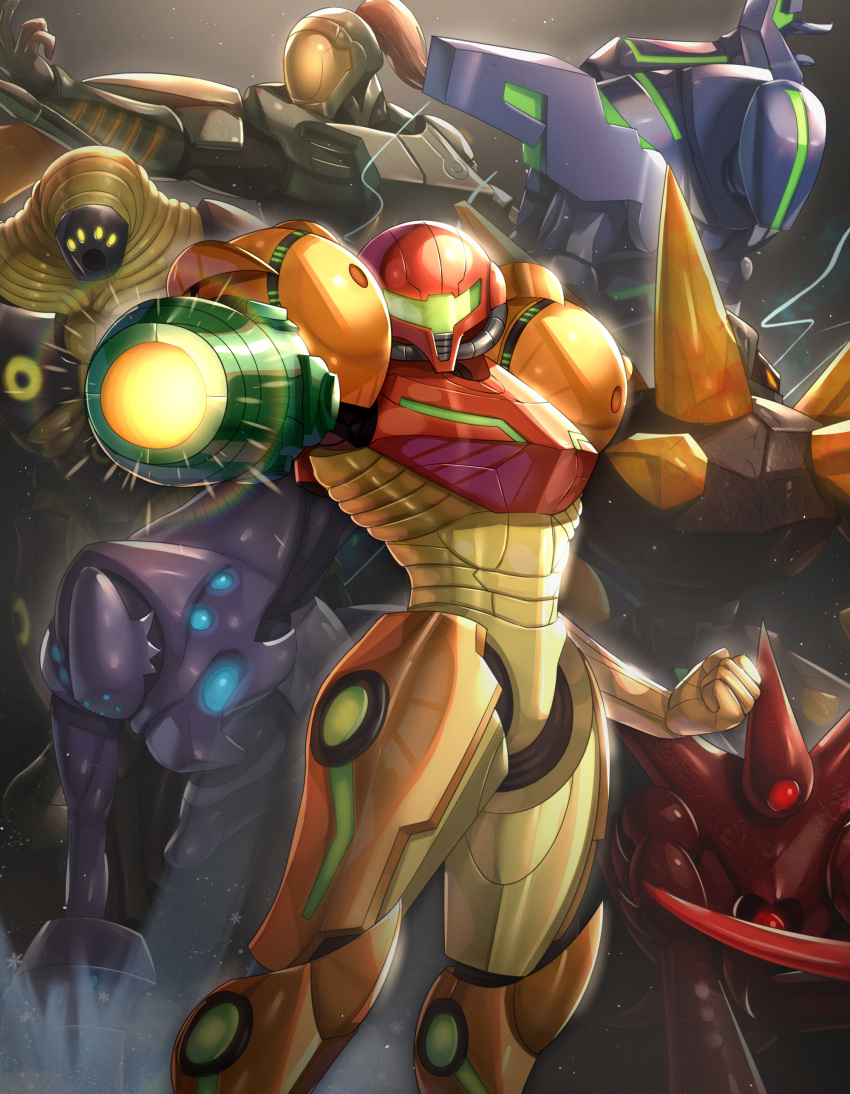 absurdres, alien, arm_cannon, clenched_hand, gonzarez, helmet, highres, kanden_(metroid), looking_at_viewer, metroid, metroid_prime_hunters, noxus_(metroid), ponytail, power_armor, samus_aran, spire_(metroid), sylux_(metroid), trace_(metroid), weapon, weavel_(metroid)