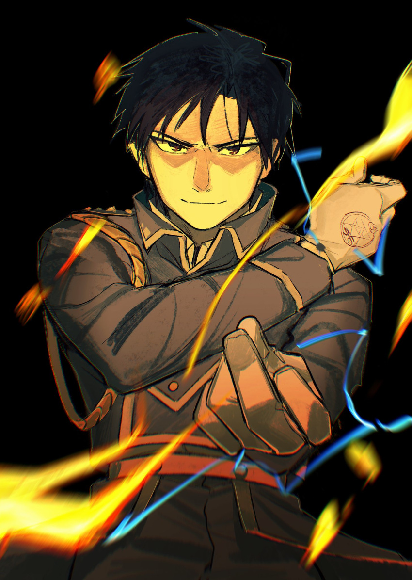 1boy, aiguillette, black_background, black_eyes, black_hair, blue_jacket, blue_pants, blurry, chromatic_aberration, closed_mouth, collared_jacket, darkness, depth_of_field, doya, electricity, fire, flame, fullmetal_alchemist, gloves, hand_up, highres, jacket, light, looking_at_viewer, male_focus, military, military_uniform, motion_blur, outstretched_hand, pants, roy_mustang, shade, simple_background, smile, snapping_fingers, spiky_hair, uniform, upper_body, white_gloves