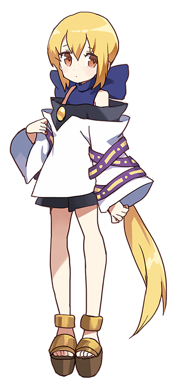 1girl, bare_shoulders, blonde_hair, bow, hair_bow, kanyoko_(yuzukano_17), linear_cannon, long_hair, long_sleeves, looking_at_viewer, off_shoulder, ponytail, sandals, shinkisekai_evolution, simple_background, solo, toes, white_background