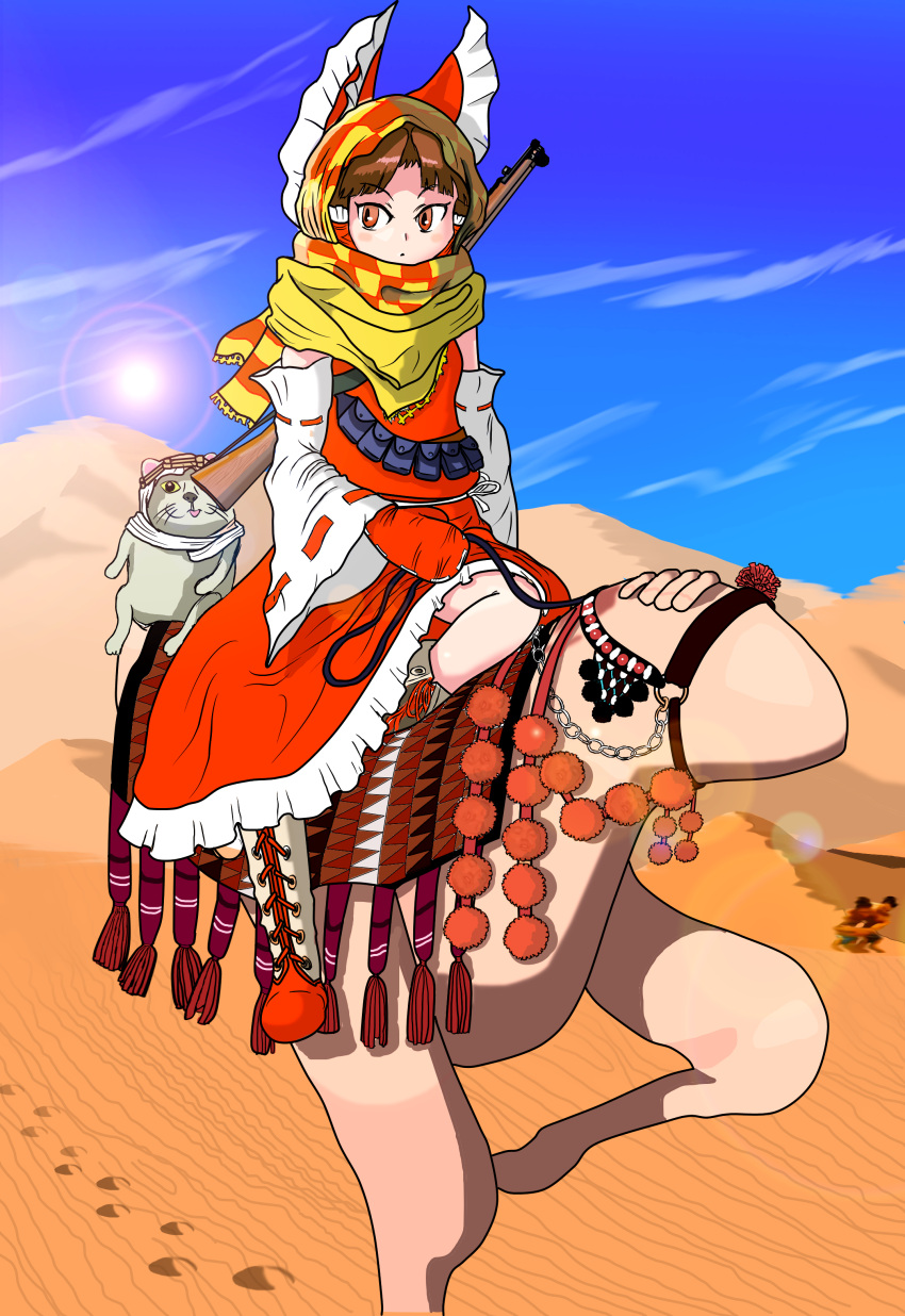 1girl, 2girls, absurdres, bangs, benikurage_(cookie), boots, bow, brown_eyes