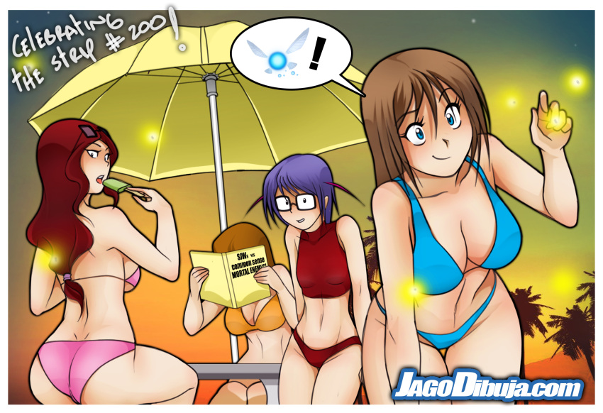4girls, bikini, blue_bikini, blue_eyes, breasts, brown_hair, clara_(living_with_hipstergirl_and_gamergirl), cowboy_shot
