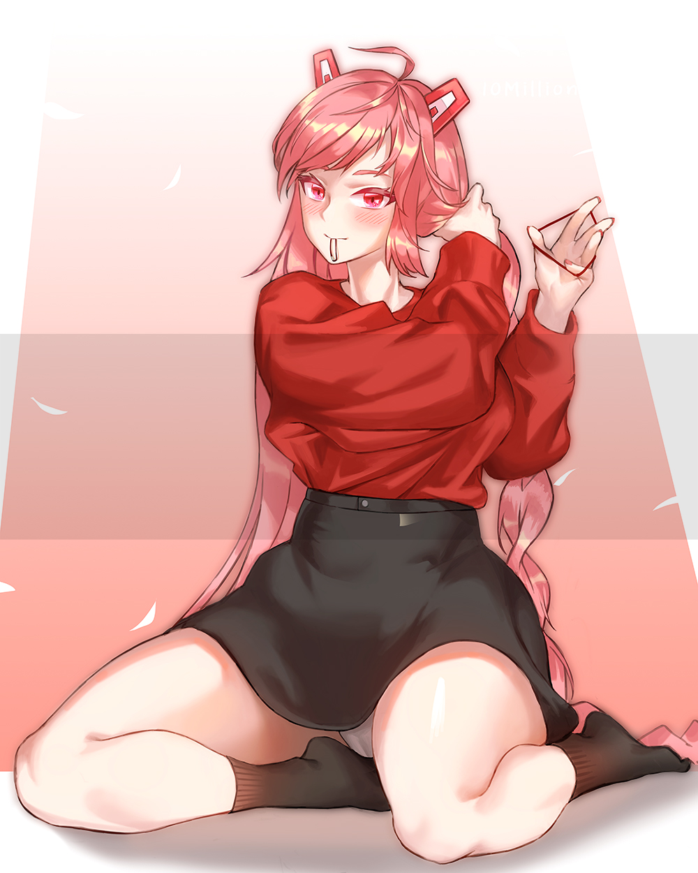 10million, 1girl, adjusting_hair, ahoge, black_legwear, black_skirt, blush, full_body