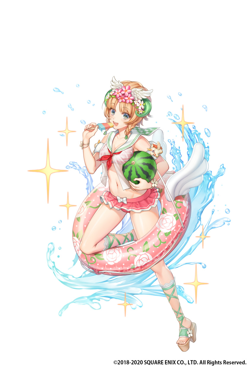 1girl, blonde_hair, flower, food, fruit, hair_flower, hair_ornament, headdress