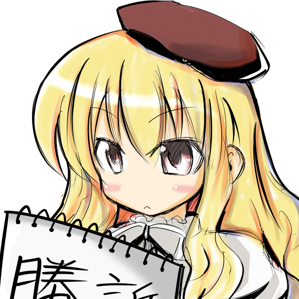 beret, blonde_hair, blouse, blush, brown_eyes, hat, kuchinashi_(needless), long_hair