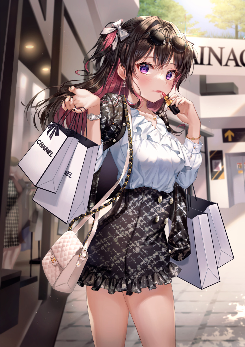 1girl, absurdres, aina_156cm, bag, bangs, black_bow, black_nails, black_skirt