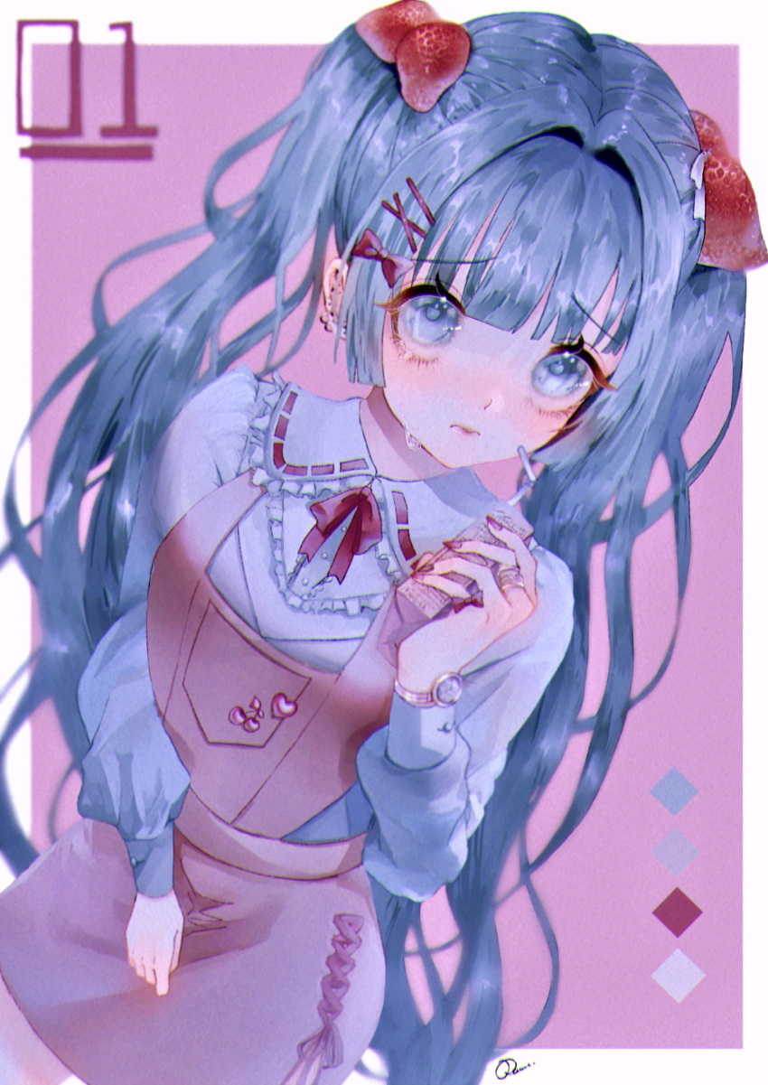 1girl, blue_eyes, blue_hair, crying, ear_piercing, food, frills, fruit