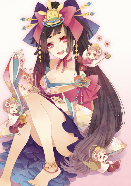 bare_legs, barefoot, black_hair, cleavage, earrings, fairy, feet, hair_ornament