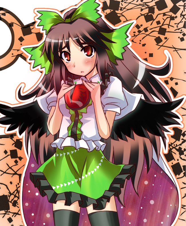 black_legwear, black_thighhighs, blush, bow, cape, hair_bow, long_hair, red_eyes