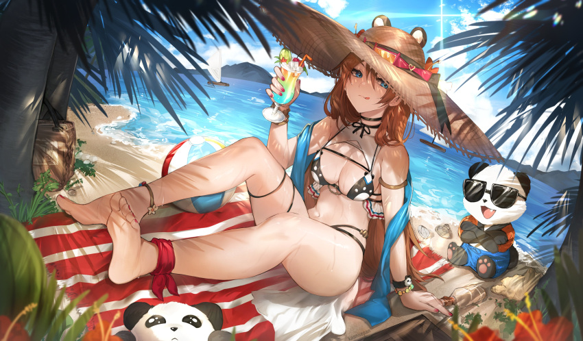 1girl, :q, absurdres, bare_shoulders, barefoot, beach, beach_mat, bikini, black_bikini, black_choker, blue_eyes, brown_headwear, choker, closed_mouth, cup, day, drinking_glass, hat, highres, holding, kanniiepan, long_hair, looking_at_viewer, orange_hair, original, outdoors, samantha_(admiral_bahroo), shawl, sitting, smile, straw_hat, sunglasses, swimsuit, thighs, tongue, tongue_out, umeru_(admiral_bahroo), very_long_hair