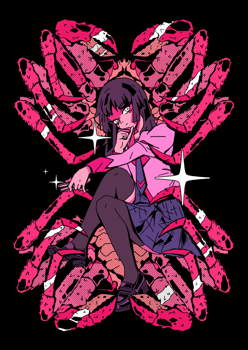 1girl, arkestar, black_background, black_footwear, black_legwear, blue_skirt, crab, hand_on_own_cheek