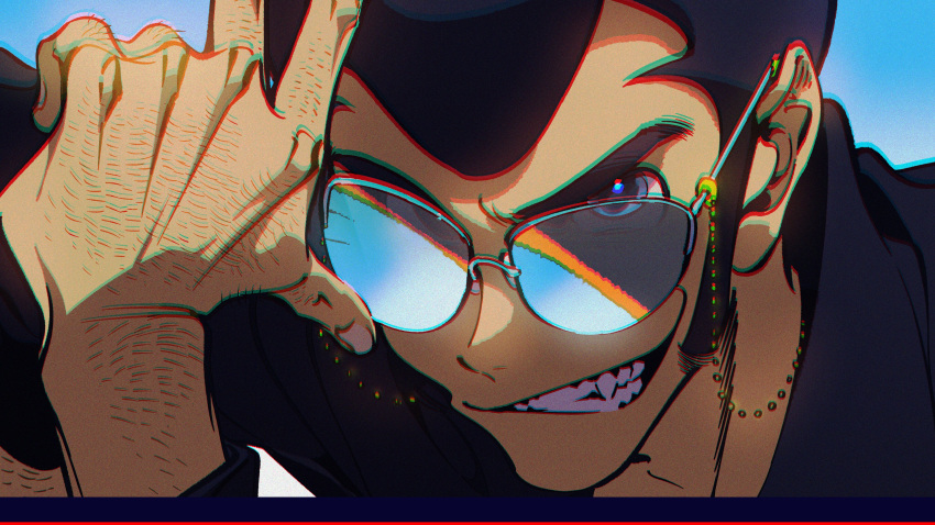 absurdres, arm_hair, arsene_lupin_iii, bacchus_lpiii, black_hair, blue_background, dress, glasses, hand_on_eyewear, hand_up, highres, jewelry, looking_away, lupin_iii, male_focus, open_mouth, sundress