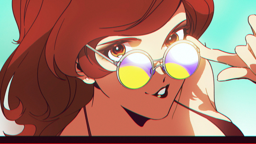 1girl, absurdres, bacchus_lpiii, bare_shoulders, bra, brown_hair, finger_on_eyewear, glasses