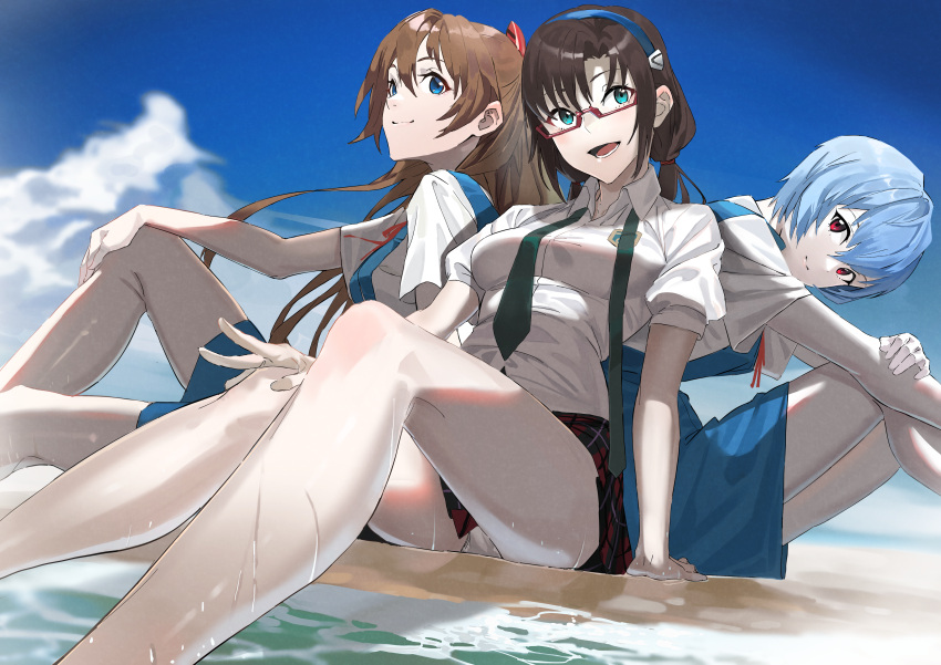 absurdres, aqua_eyes, ayanami_rei, bangs, bare_legs, beach, blue_dress, blue_eyes, blue_hair, blue_hairband, blue_skirt, blue_sky, breasts, brown_hair, checkered, checkered_skirt, closed_mouth, clouds, cloudy_sky, collarbone, commentary_request, day, dress, eyebrows, feet_out_of_frame, foaming_waves, from_side, full_body, glasses, green_neckwear, hair_ornament, hairband, hairpin, hand_on_floor, hand_on_own_arm, hand_on_own_knee, head_tilt, highres, huge_filesize, in_water, knee_up, leaning, leaning_back, legs, long_hair, looking_at_viewer, looking_to_the_side, loose_necktie, makinami_mari_illustrious, medium_breasts, medium_hair, neck_ribbon, necktie, neon_genesis_evangelion, ocean, open_mouth, outdoors, pale_skin, panties, parted_bangs, puffy_sleeves, red-framed_eyewear, red_eyes, red_ribbon, red_skirt, redhead, ribbon, scenery, school_uniform, serafuku, shirt, short_sleeves, sidelocks, sitting, skirt, sky, smile, souryuu_asuka_langley, teeth, thighs, twintails, two-tone_skirt, underwear, water, water_drop, wet, white_panties, white_shirt, wide_sleeves, you-6-11