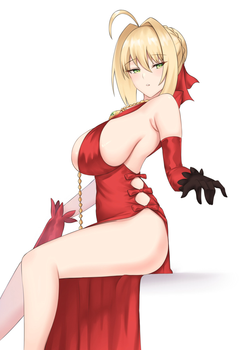 1girl, absurdres, ahoge, bangs, blonde_hair, blush, braid, breasts