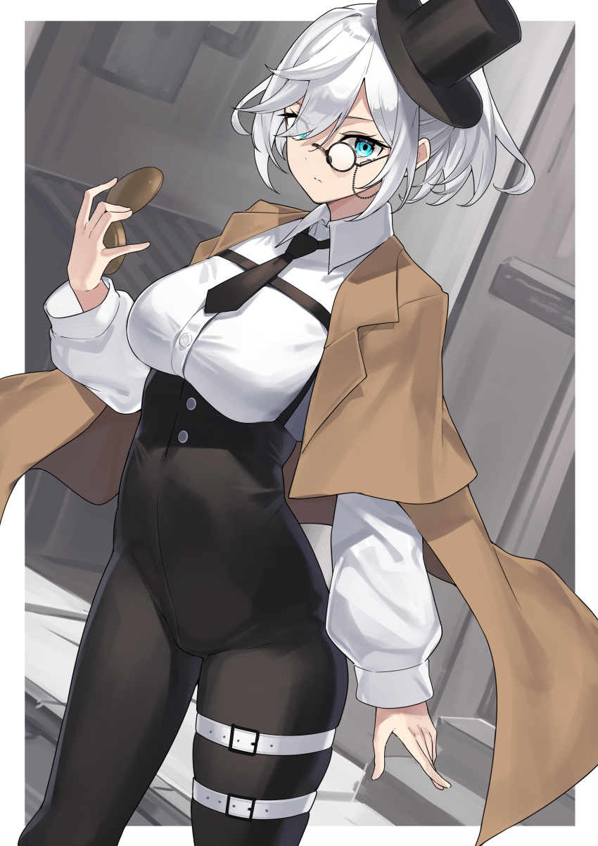 1girl, absurdres, black_headwear, blue_eyes, breasts, clock, closed_mouth, commentary_request