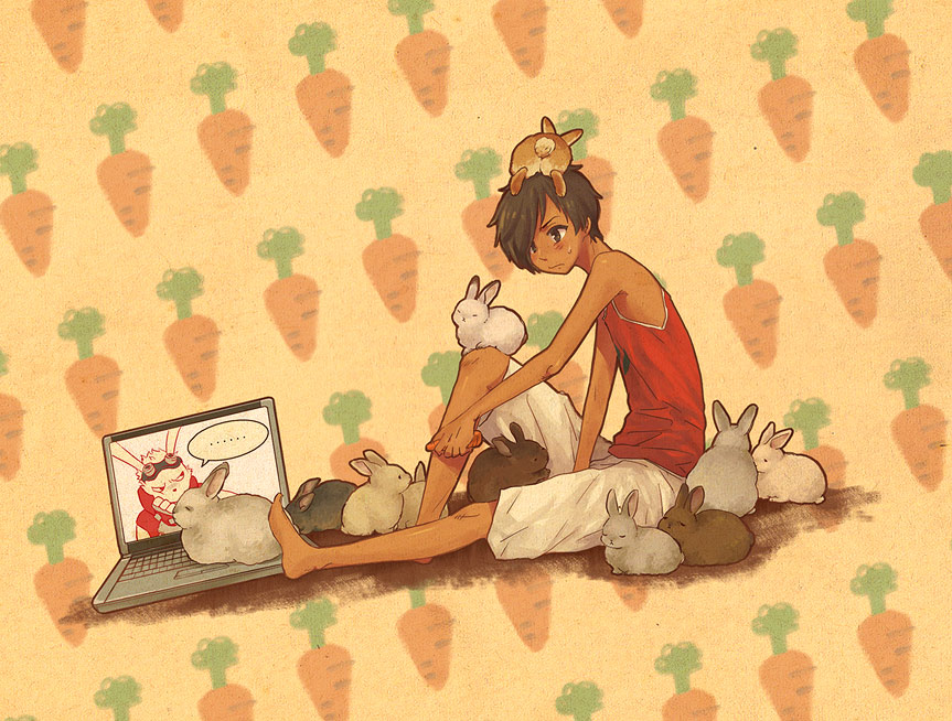 animal, bad_id, barefoot, bunny, carrot, computer, dark_skin, ikezawa_kazuma