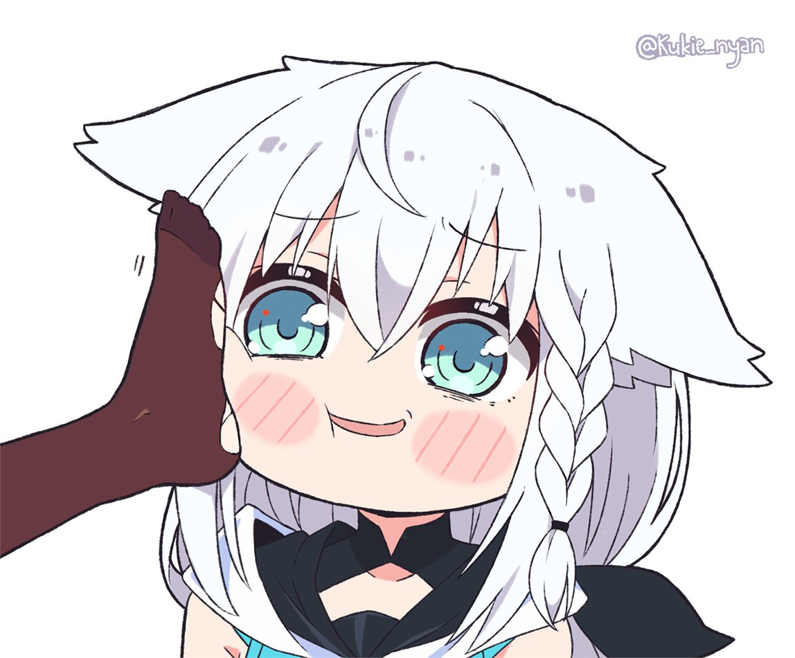 2girls, animal_ears, artist_name, bangs, blue_neckwear, blush_stickers, braid, brown_legwear